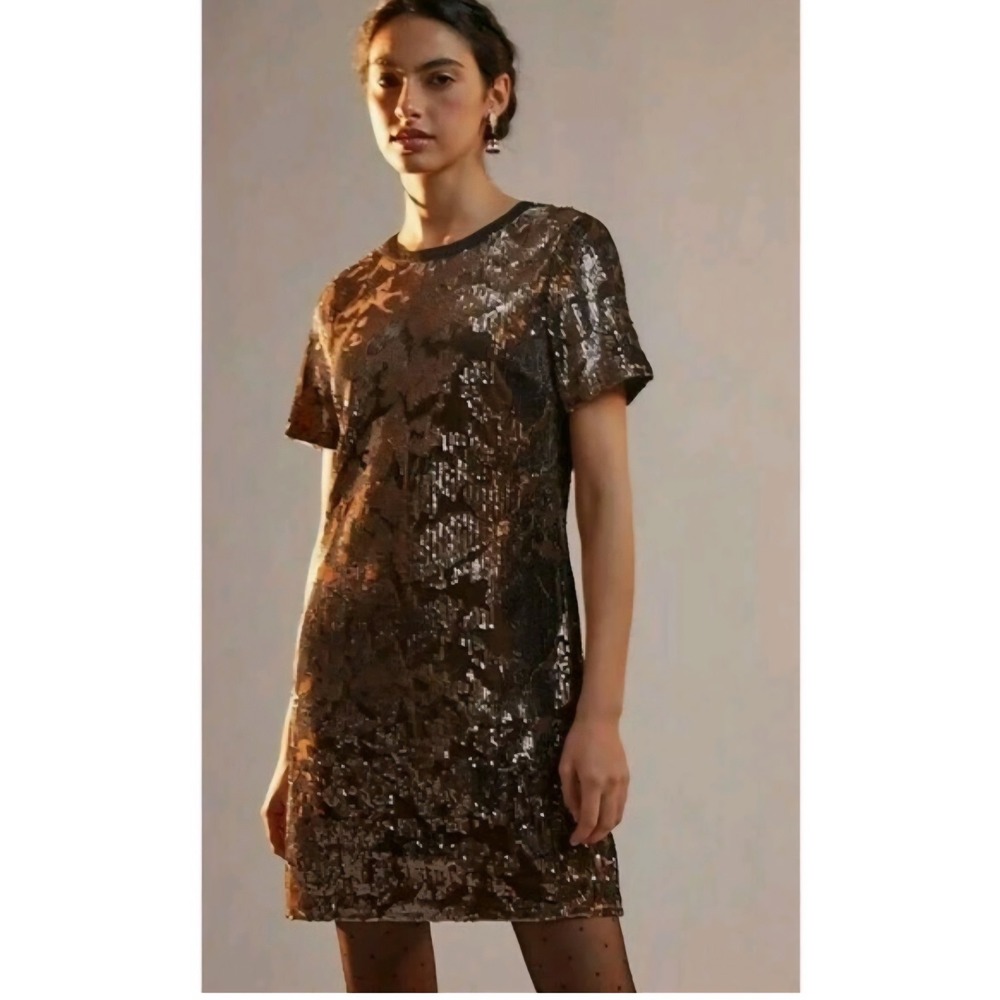 Anthropologie Ro&De Andi Sequined Velvet Tee Dress Brown Mini S NWT